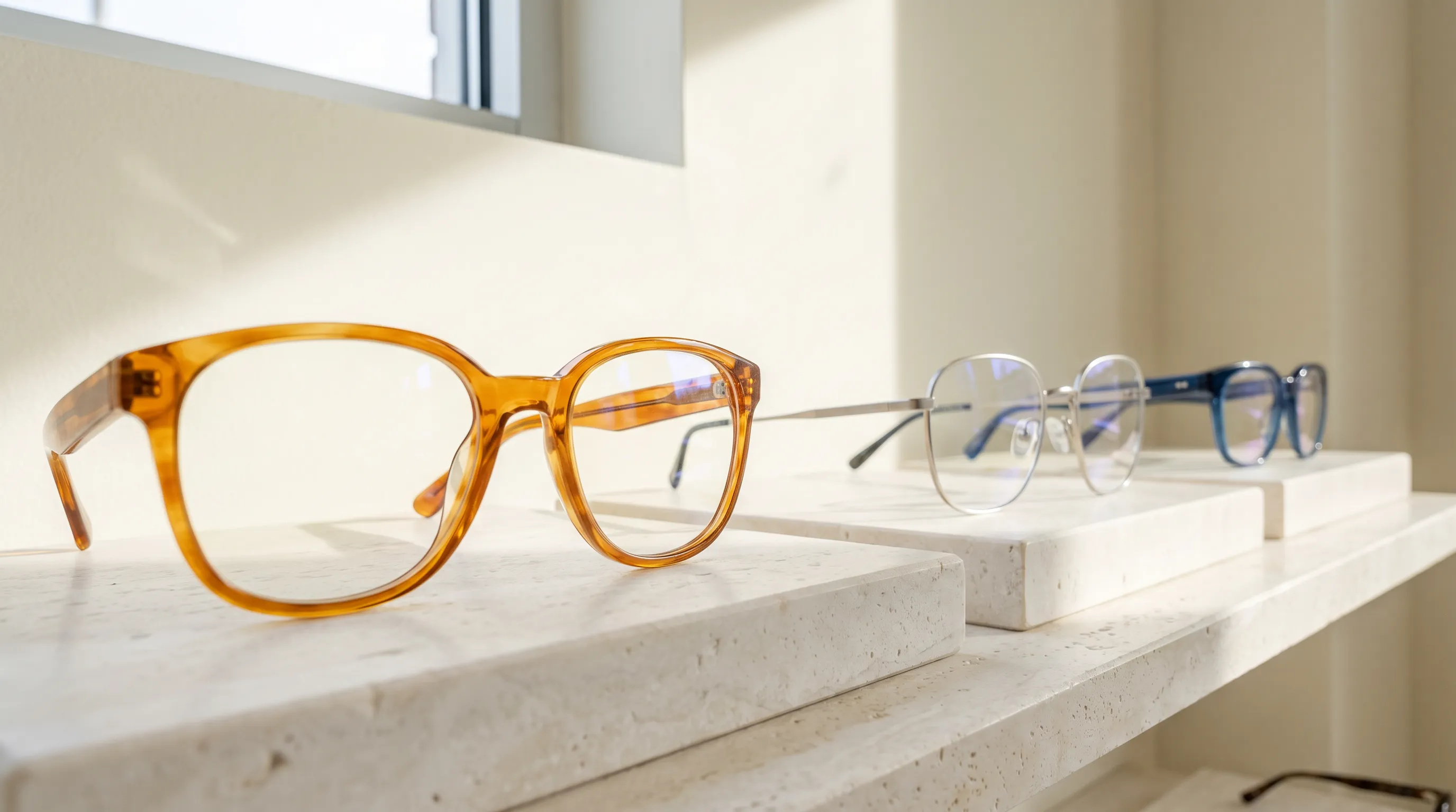 Illustrative amber, silver and blue eyeglass frames on a sunlit shelf